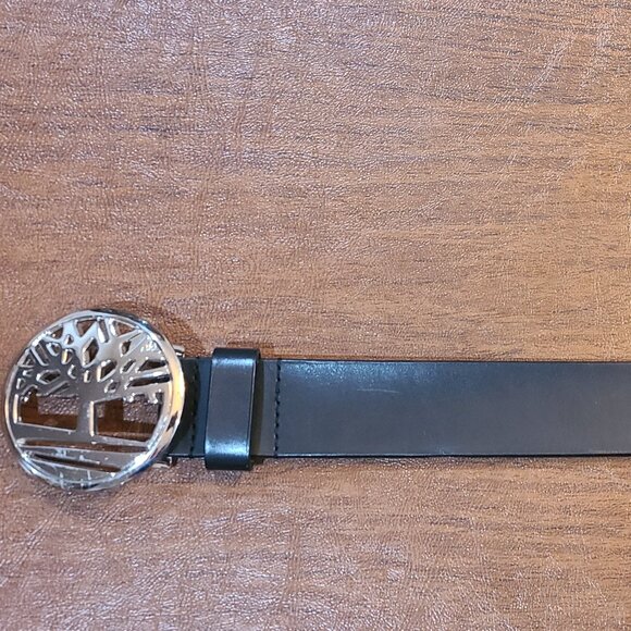 Timberland Tree Logo Black Leather Belt with Silver Buckle - Picture 3 of 7